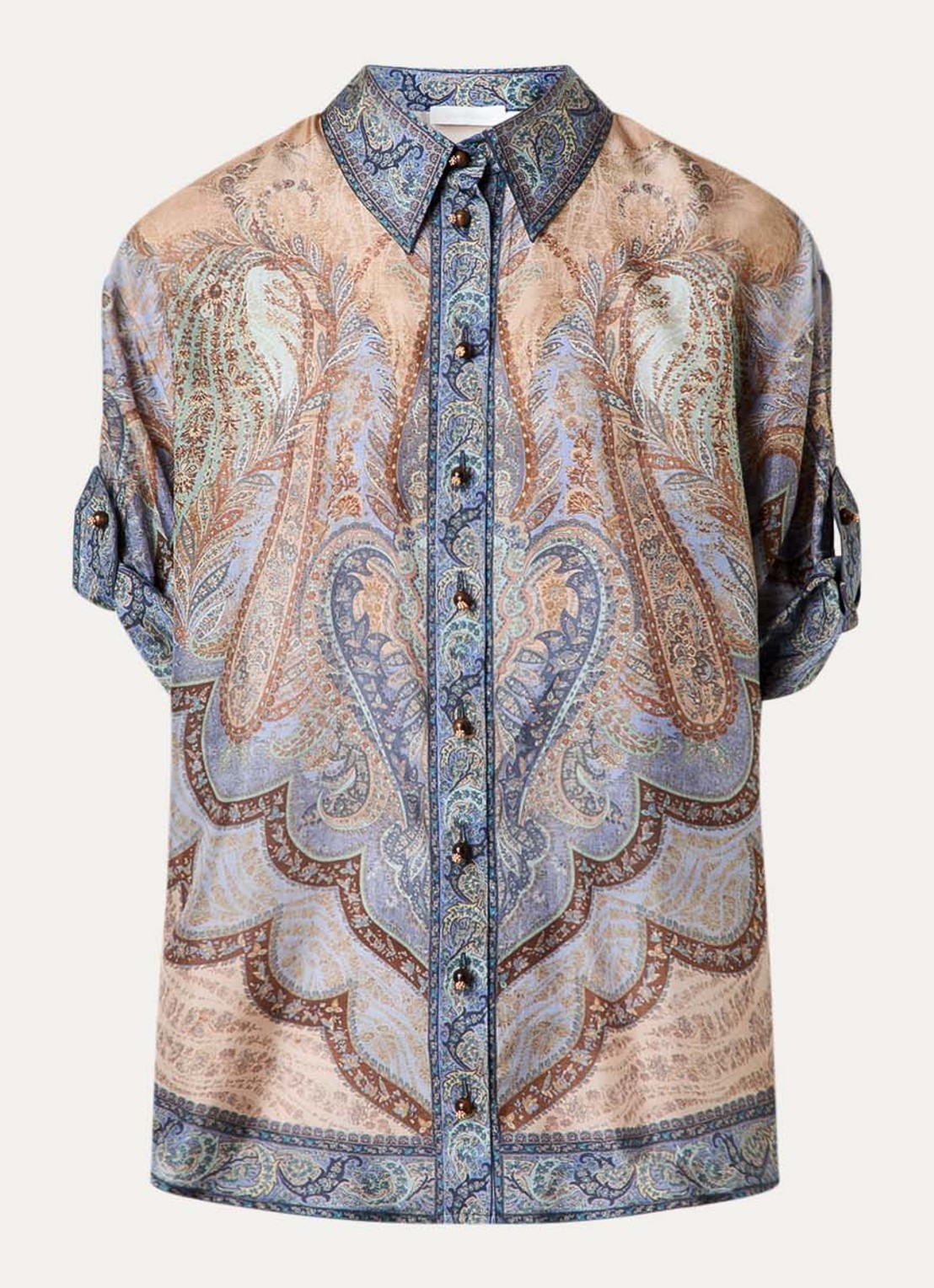 Zimmermann Wanderlust blouse van zijde met paisley dessin - voorkant staalblauw