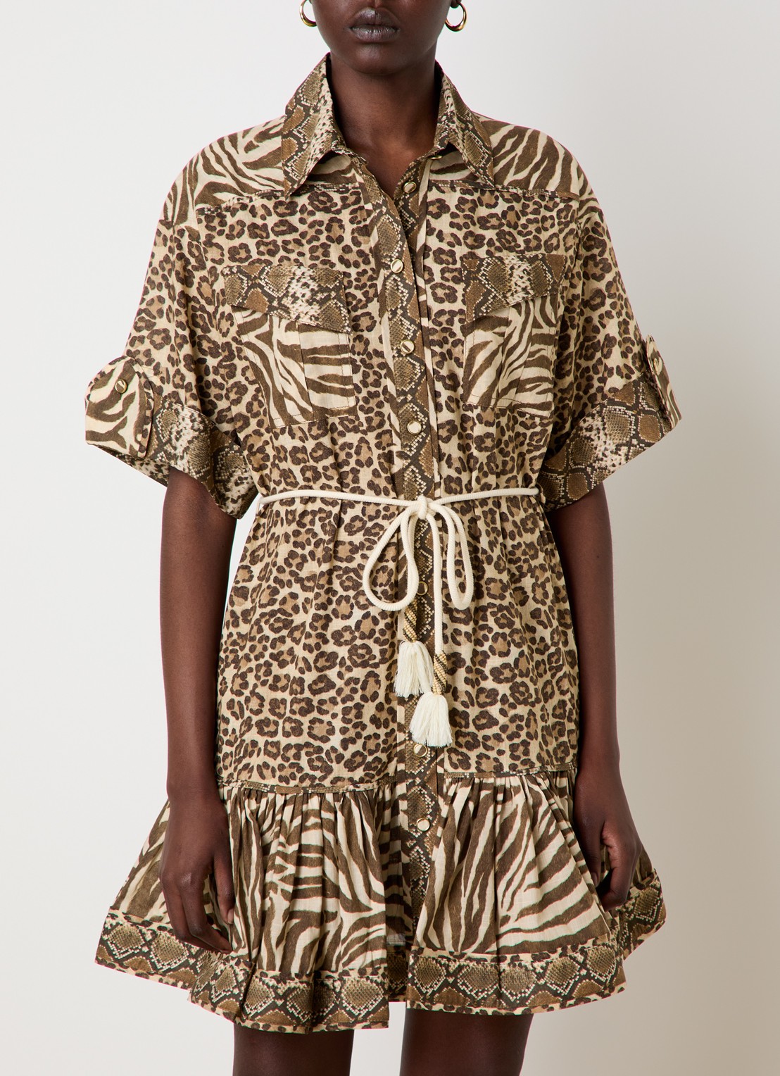 Zimmermann Wanderlust mini blousejurk met dierenprint en strikceintuur - detail 4 camel