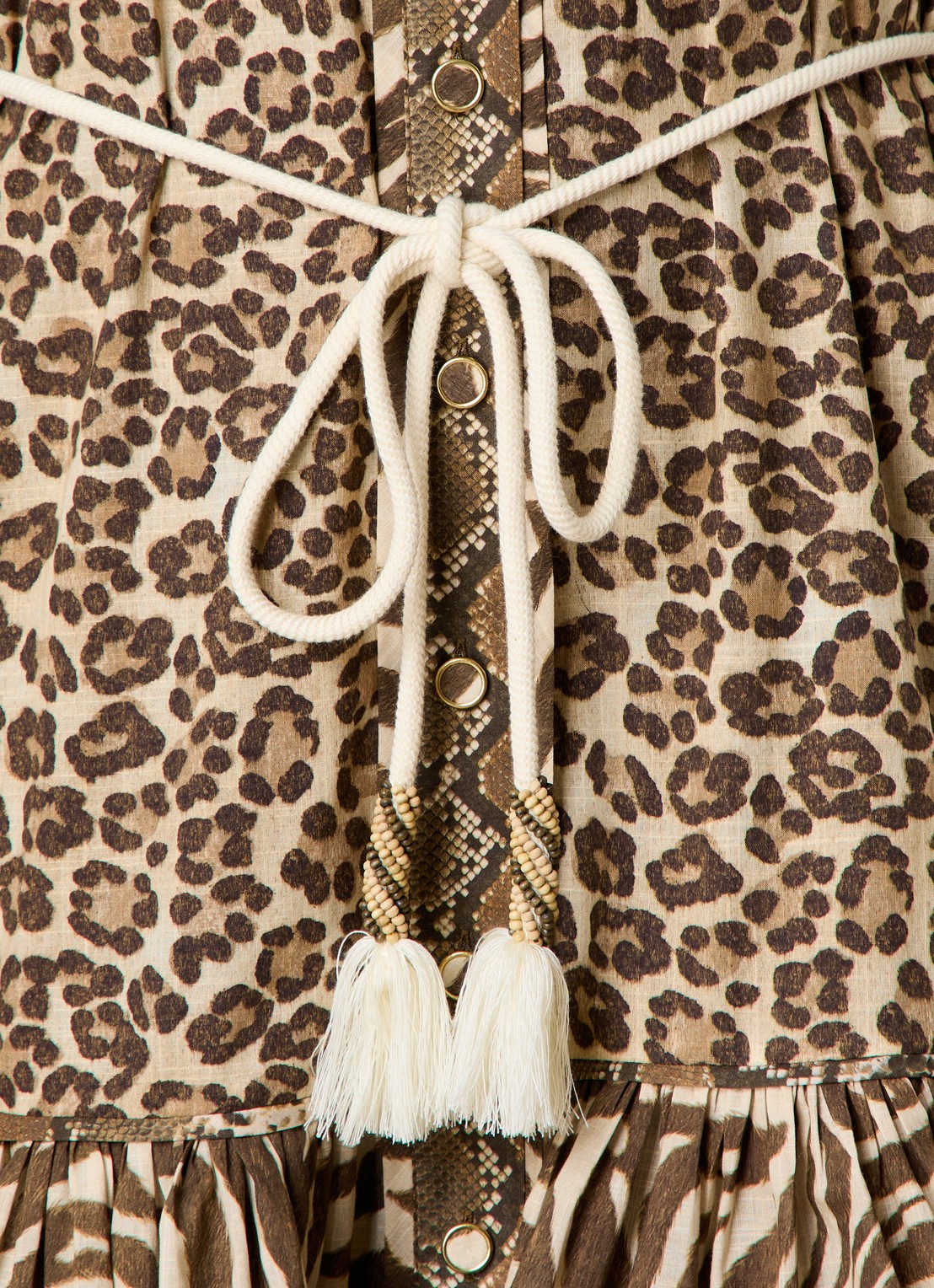 Zimmermann Wanderlust mini blousejurk met dierenprint en strikceintuur - detail 5 camel