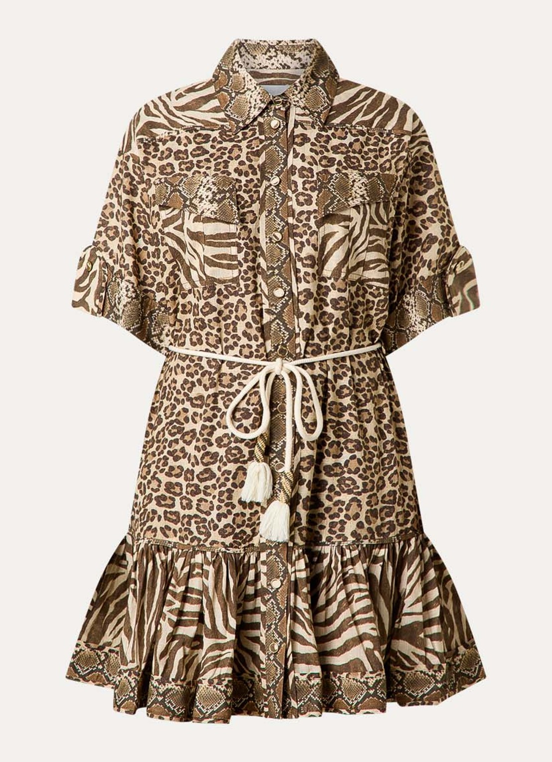 Zimmermann Wanderlust mini blousejurk met dierenprint en strikceintuur - voorkant camel