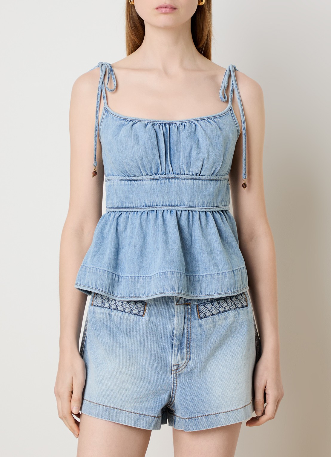 Zimmermann Wanderlust spaghettitop van chambray - detail lichtblauw