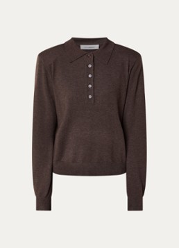 Co'Couture Dames Corry fijngebreide polo in wolblend in de kleur Donkerbruin, maat: S