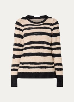 Summum Dames Grofgebreide trui in alpaca wolblend met streepprint in de kleur Zwart, maat: S