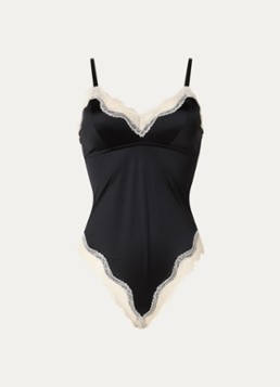 Sam Friday Dames Esme stringbody van satijn met kant in de kleur Zwart, maat: S/M