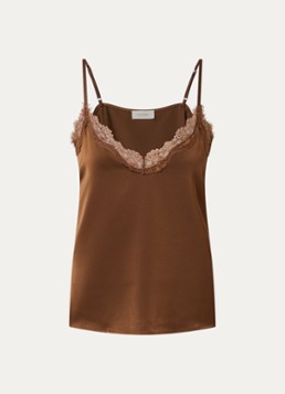 Sam Friday Dames Pyjamatop van satijn met kant details in de kleur Camel, maat: XS/S