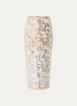 ROUGE EDIT Dames Rouleona semi-transparante midi rok met pailletten in de kleur Zilver, maat: M