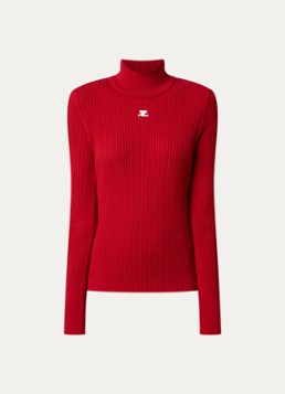 Courrèges Dames Ribgebreide trui met logoborduring en col in de kleur Rood, maat: M
