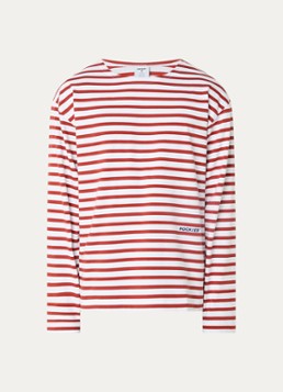Pockies Heren Longsleeve T-shirt met logo en streepprint in de kleur Steenrood, maat: M