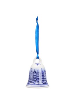 Heinen Delfts Blauw Kerstbel Grachtenpandjes kersthanger 7 cm Gebroken wit - Deal