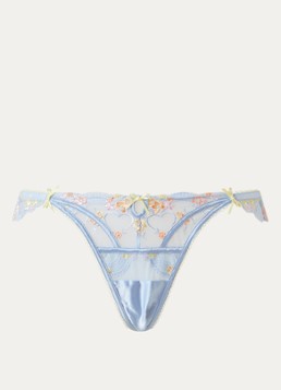 Lounge Dames Lyra string van mesh met bloemborduring en volant in de kleur Lichtblauw, maat: L