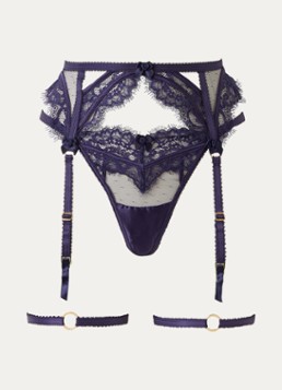 Lounge Dames Cassandra jarretels en slip van mesh met bloemborduring in de kleur Donkerblauw, maat: M