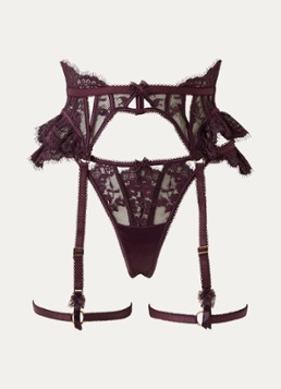 Lounge Dames Roxanna jarretels van mesh met borduring in de kleur Aubergine, maat: S