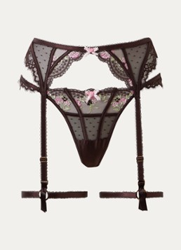 Lounge Dames Felicity jarretels van mesh met borduring in de kleur Donkerbruin, maat: XS