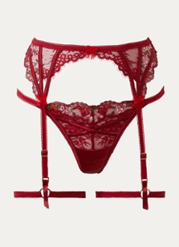Lounge Dames Giselle jarretels van mesh met borduring in de kleur Donkerrood, maat: XL