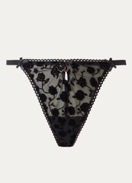Lounge Dames Tanga van mesh met flockprint in de kleur Zwart, maat: XL