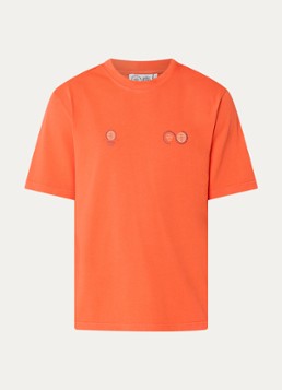 Purple Mountain Observatory Heren Globe T-shirt met logo- en backprint in de kleur Oranjerood, maat: S