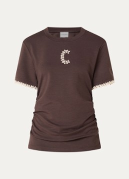 Claudie Pierlot Dames Asymmetrisch T-shirt met borduring en plooidetail in de kleur Hazelnootbruin