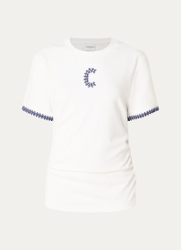 Claudie Pierlot Dames Asymmetrisch T-shirt met borduring en plooidetail in de kleur Gebroken wit