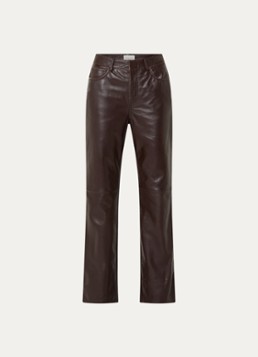 Claudie Pierlot Dames Mid waist straight fit broek van lamsleer met steekzakken in de kleur Donkerbruin
