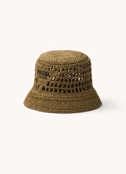 Prada Dames Bucket hoed van raffia met logo in de kleur Khaki