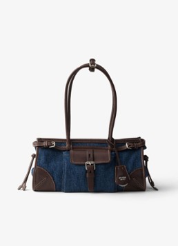 Prada Dames Bonnie Medium schoudertas van denim met leren details in de kleur Indigo