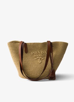 Prada Dames Medium shopper van crochet met leren details en logo in de kleur Beige