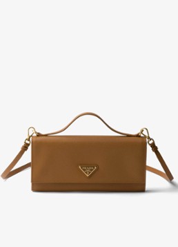 Prada Dames Portemonnee van kalfsleer met afneembare schouderriem in de kleur Camel