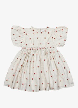 Donsje Amsterdam Meisjes Camilla Red Roses jurk met pofmouw in de kleur Zand, maat: 9M-12M=74