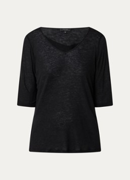 Claudia Sträter Dames T-shirt in linnenblend met V-hals in de kleur Zwart