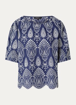 Claudia Sträter Dames Top met broderie en pofmouw in de kleur Royalblauw