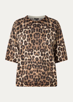 Claudia Sträter Dames Fijngebreide trui in alpaca wolblend met panterprint in de kleur Camel