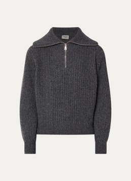 Max Mara Dames Laser ribgebreide trui van scheerwol met halve rits in de kleur Donkergrijs