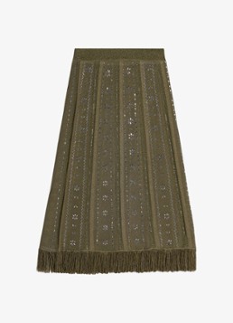 Maje Dames Jilurex midi rok met strass en franjes in de kleur Legergroen
