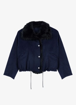 Maje Dames Jack in wolblend met details van imitatiebont en steekzakken in de kleur Donkerblauw