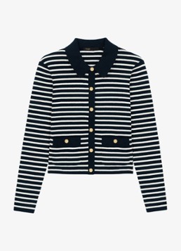 Maje Dames Fijngebreid vest met polokraag en streepprint in de kleur Blauw