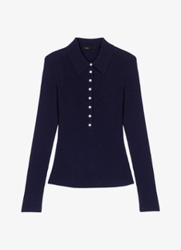 Maje Dames Ribgebreide polo in wolblend in de kleur Donkerblauw