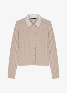 Maje Dames Ribgebreid vest in wolblend met afneembare kraag in de kleur Beige