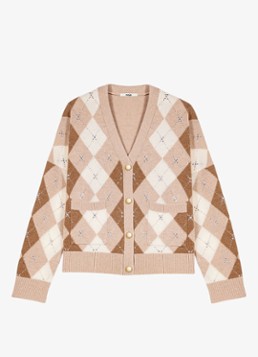Maje Dames Fijngebreid vest van wol met ruitdessin en strass in de kleur Beige