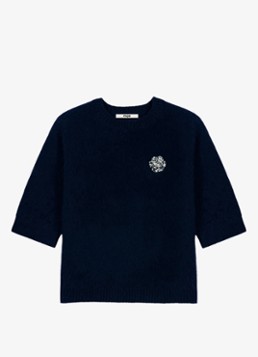 Maje Dames Fijngebreide trui van wol met broche in de kleur Donkerblauw