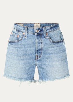 Levi's Dames 501 Curve mid waist straight fit korte broek van denim met destroyed afwerking in de kleur Indigo