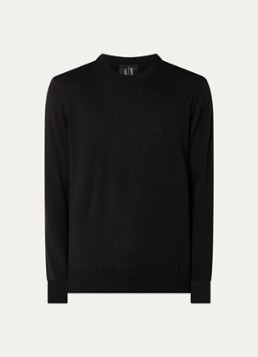 Armani Heren Fijngebreide pullover in zijdeblend met logoborduring in de kleur Zwart