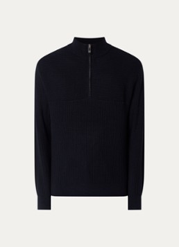 Armani Heren Ribgebreide pullover in scheerwolblend met halve rits in de kleur Donkerblauw