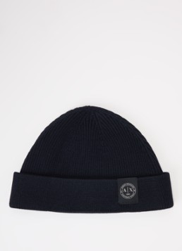 Armani Heren Ribgebreide muts in wolblend met logo in de kleur Donkerblauw