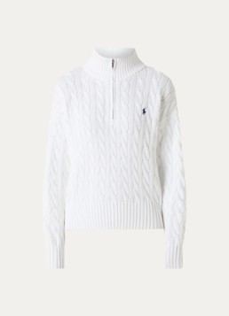 Ralph Lauren Dames Kabelgebreide trui met halve rits en logo in de kleur Wit, maat: XL
