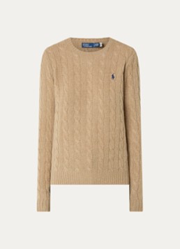 Ralph Lauren Dames Julianna kabelgebreide pullover in kasjmieblend met logoborduring in de kleur Camel, maat: M