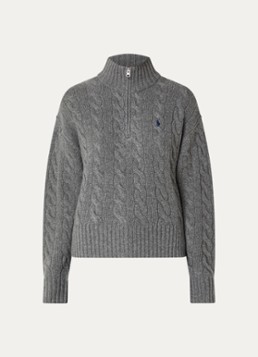 Ralph Lauren Dames Kabelgebreide trui in kasjmierblend met halve rits in de kleur Grijs, maat: S