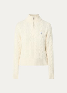 Ralph Lauren Dames Kabelgebreide trui in kasjmierblend met halve rits in de kleur Gebroken wit, maat: S