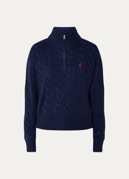 Ralph Lauren Dames Kabelgebreide trui in kasjmierblend met halve rits in de kleur Donkerblauw, maat: L