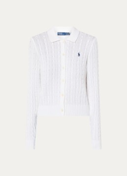 Ralph Lauren Dames Kabelgebreid vest met polokraag en logoborduring in de kleur Wit, maat: XS