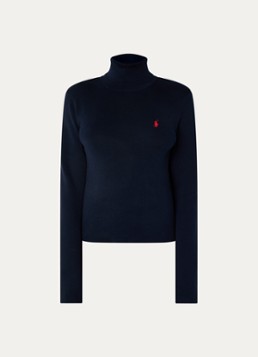 Ralph Lauren Dames Fijngebreide trui met logo en col in de kleur Donkerblauw, maat: L